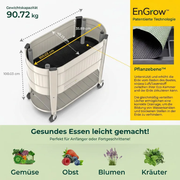 Permasteel Hochbeet Metall mit Rollen für Garten oder Balkon - Pflanzkübel groß außen 101x51x94 cm - Selbstbewässerungssystem, Wasserstandsanzeige und Ablassventil - Für Gemüse, Kräuter oder Blumen – Bild 6