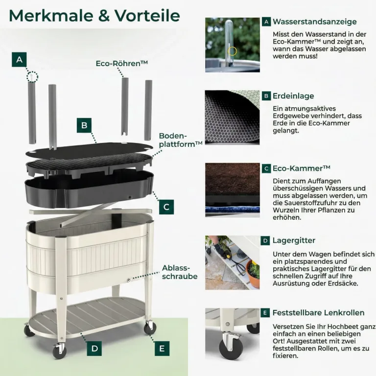Permasteel Hochbeet Metall mit Rollen für Garten oder Balkon - Pflanzkübel groß außen 101x51x94 cm - Selbstbewässerungssystem, Wasserstandsanzeige und Ablassventil - Für Gemüse, Kräuter oder Blumen – Bild 7