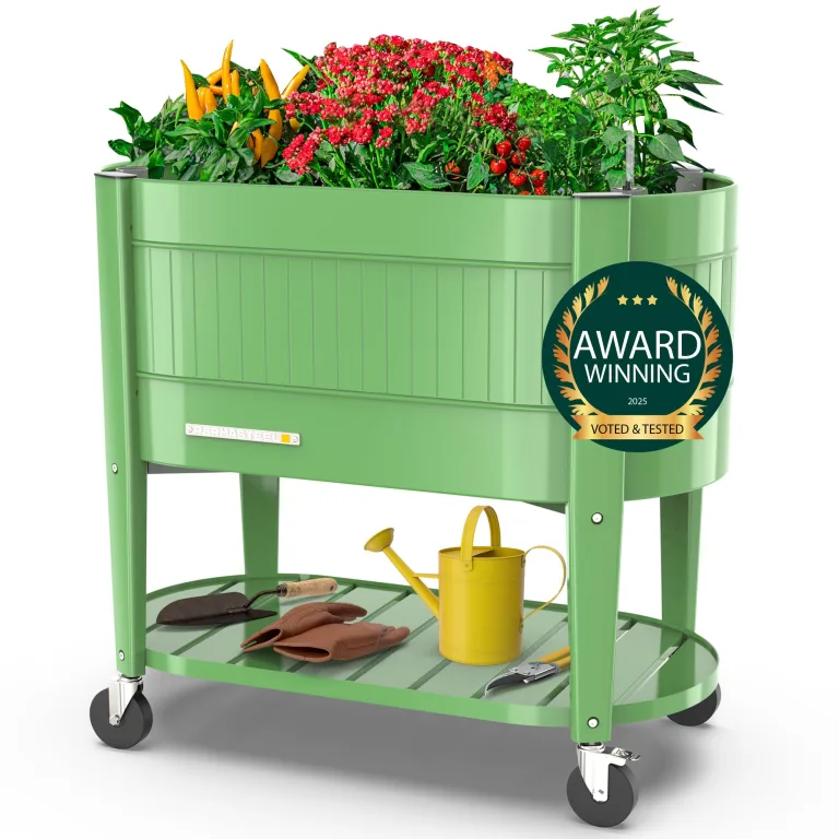 Permasteel Hochbeet Metall mit Rollen für Garten oder Balkon - Pflanzkübel groß außen 101x51x94 cm - Selbstbewässerungssystem, Wasserstandsanzeige und Ablassventil - Für Gemüse, Kräuter oder Blumen – Bild 10
