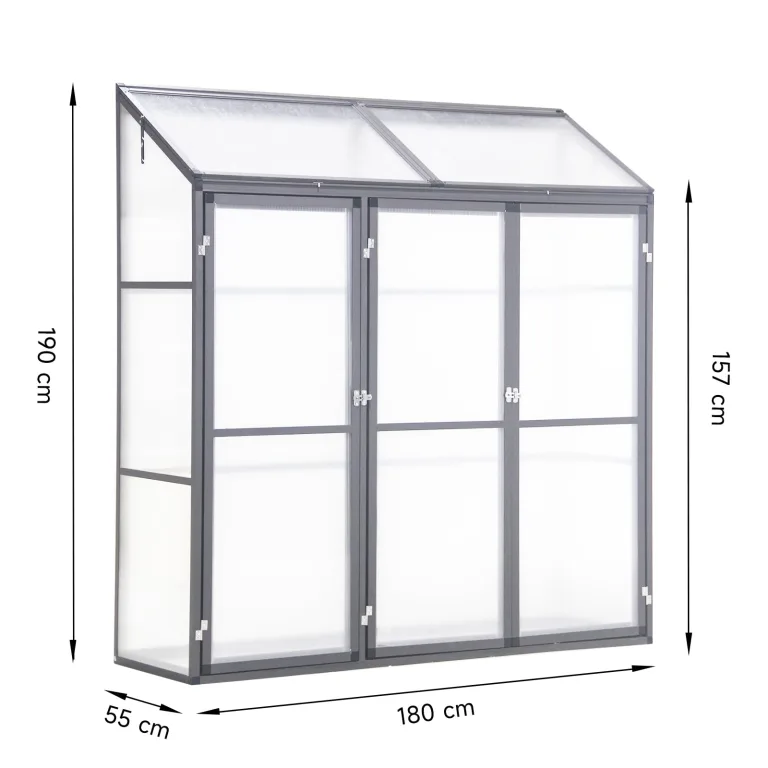 Anlehngewächshaus Tomaten Gewächshaus 180x55x190cm Aluminium - Beistell-Gewächshaus mit Rückwand, Winterfest Kleines Gewächshaus für Balkon & Garten, Frühbeet Treibhaus (Grau) – Bild 2