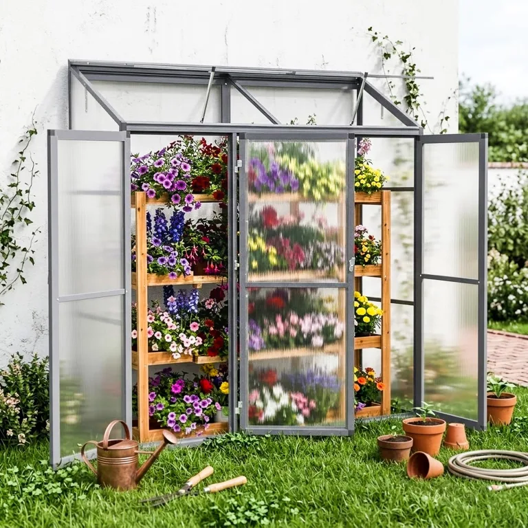 Anlehngewächshaus Tomaten Gewächshaus 180x55x190cm Aluminium - Beistell-Gewächshaus mit Rückwand, Winterfest Kleines Gewächshaus für Balkon & Garten, Frühbeet Treibhaus (Grau) – Bild 6