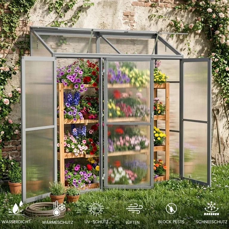 Anlehngewächshaus Tomaten Gewächshaus 180x55x190cm Aluminium - Beistell-Gewächshaus mit Rückwand, Winterfest Kleines Gewächshaus für Balkon & Garten, Frühbeet Treibhaus (Grau) – Bild 7