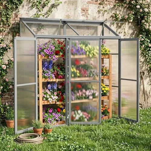 Anlehngewächshaus Tomaten Gewächshaus 180x55x190cm Aluminium - Beistell-Gewächshaus mit Rückwand, Winterfest Kleines Gewächshaus für Balkon & Garten, Frühbeet Treibhaus (Grau) – Bild 9
