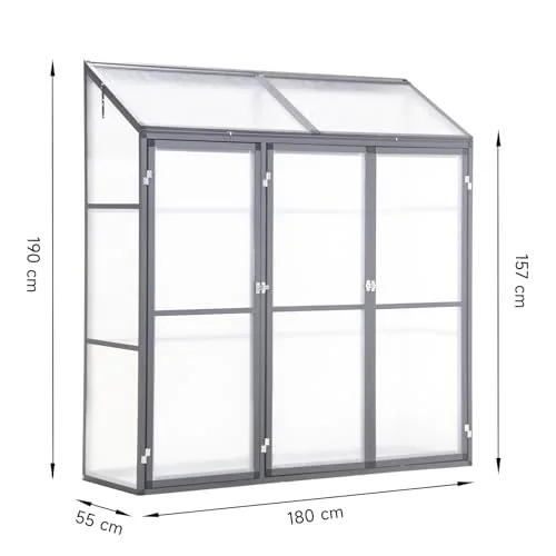 Anlehngewächshaus Tomaten Gewächshaus 180x55x190cm Aluminium - Beistell-Gewächshaus mit Rückwand, Winterfest Kleines Gewächshaus für Balkon & Garten, Frühbeet Treibhaus (Grau) – Bild 10