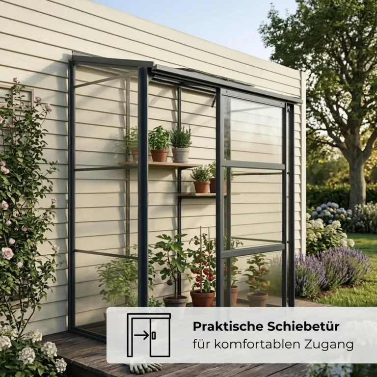 Gewächshaus Glas 0,9 m² Aluminium Rahmen mit Schiebetür | Premium Wand-Gewächshaus schwarz Temperaturkontrolle Aufstellfenster | Tomaten- und Anzuchtgewächshaus 130 x 68 x 173 cm (B x T x H) – Bild 6