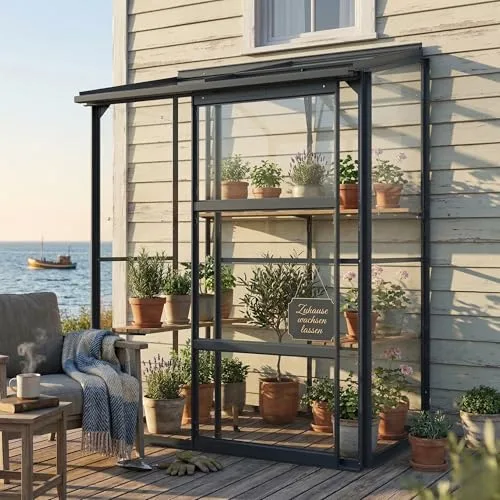 Gewächshaus Glas 0,9 m² Aluminium Rahmen mit Schiebetür | Premium Wand-Gewächshaus schwarz Temperaturkontrolle Aufstellfenster | Tomaten- und Anzuchtgewächshaus 130 x 68 x 173 cm (B x T x H) – Bild 10