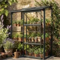 Gewächshaus Glas 0,9 m² Aluminium Rahmen mit Schiebetür | Premium Wand-Gewächshaus schwarz Temperaturkontrolle Aufstellfenster | Tomaten- und Anzuchtgewächshaus 130 x 68 x 173 cm (B x T x H) - Thumbnail 8