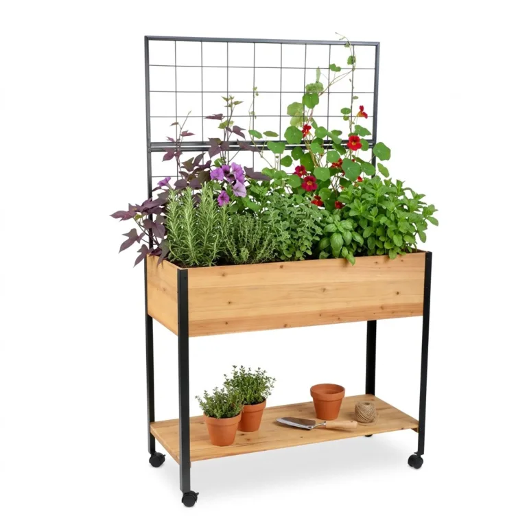 Relaxdays Hochbeet mit Rankgitter, Ablagefach, Rollen, HxBxT 165x102x47,5 cm, Holz, Stahl, Tischbeet, Natur/schwarz – Bild 1