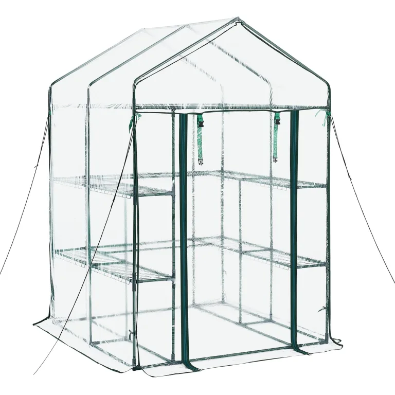 VEVOR Gewächshaus 137x137x196 cm, Foliengewächshaus, Tomatenhaus, Tomatengewächshaus mit PVC-Abdeckung, 2 Ebenen, 10 Regalböden, Aufrollbarer Reißverschlusstür, Treibhaus für Außenbereich – Bild 9