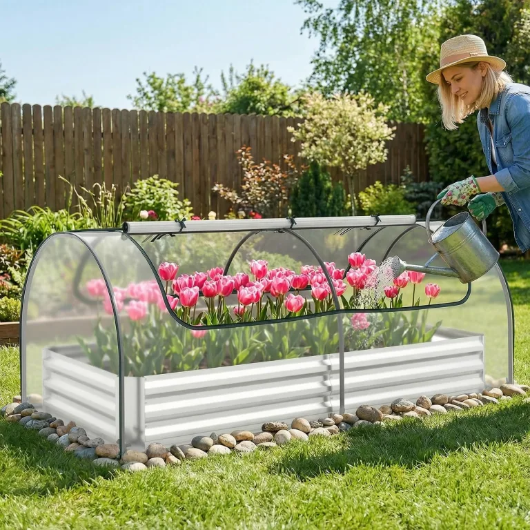 COSTWAY 3 in 1 Gewächshaus mit Hochbeet, Metall Pflanzkasten, PVC-Folie, Blumenbeet mit Zwei Fenstern, Rechteckiges Frühbeet für Blumen, Kräuter im Garten, Terrasse und Balkon (202 x 101 x 81 cm) – Bild 2