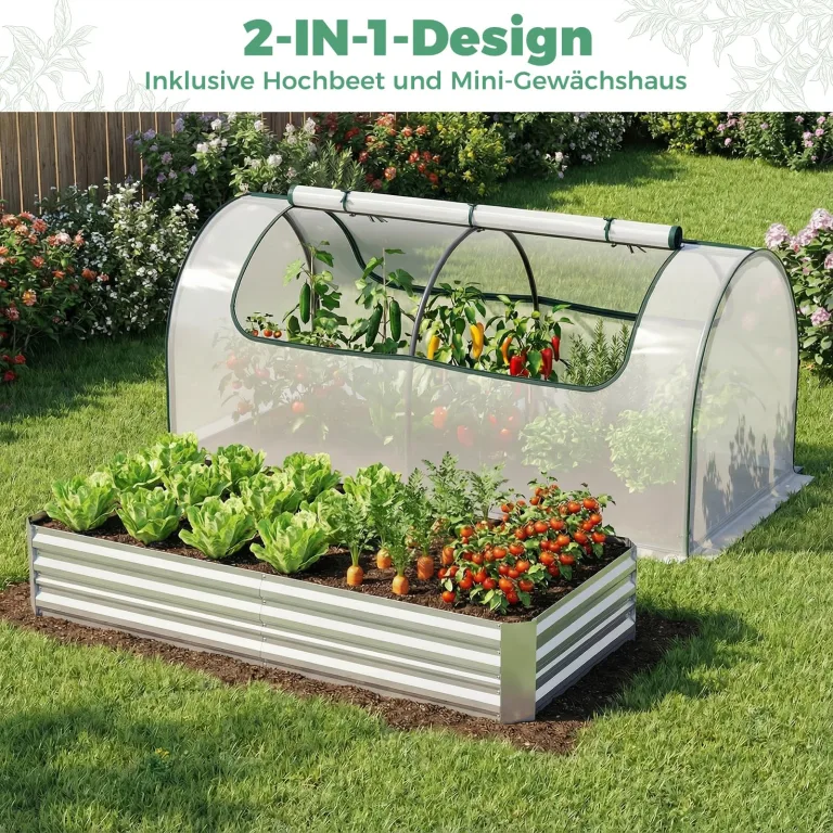 COSTWAY 3 in 1 Gewächshaus mit Hochbeet, Metall Pflanzkasten, PVC-Folie, Blumenbeet mit Zwei Fenstern, Rechteckiges Frühbeet für Blumen, Kräuter im Garten, Terrasse und Balkon (202 x 101 x 81 cm) – Bild 4