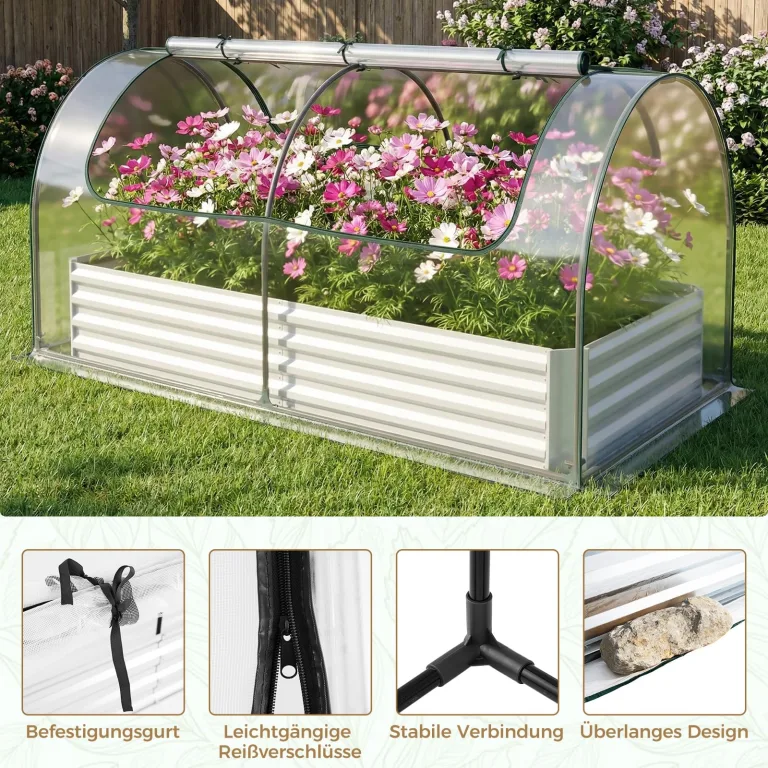 COSTWAY 3 in 1 Gewächshaus mit Hochbeet, Metall Pflanzkasten, PVC-Folie, Blumenbeet mit Zwei Fenstern, Rechteckiges Frühbeet für Blumen, Kräuter im Garten, Terrasse und Balkon (202 x 101 x 81 cm) – Bild 9