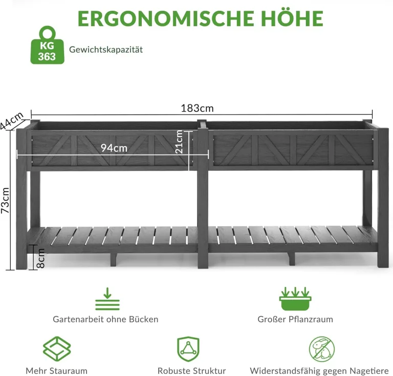 Hochbeet 183x44x73cm, Wetterfestes Pflanzkübel Außen mit Ablagefach, 6 Haken & 2 Vlieseinlagen, Für Gemüse Blumen Kräuter, Garten Balkon Terrasse (2 Stücke Schwarz) – Bild 3