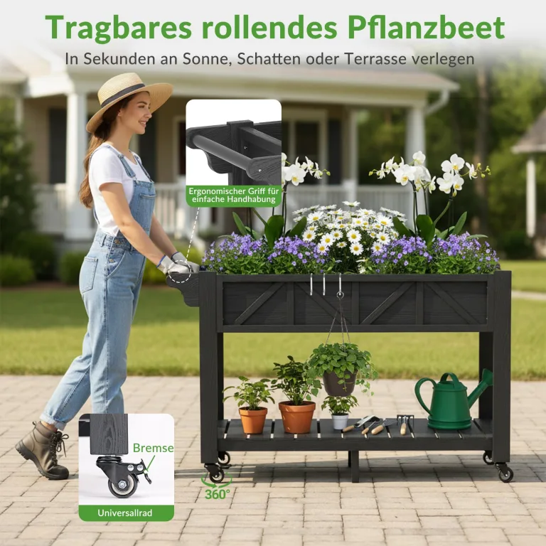 Hochbeet 120x44x70cm, Metall Hochbeet mit Rollen & Griff, 3 Haken & Vlieseinlage, Für Gemüse Blumen Kräuter, Garten Balkon Terrasse (2 Stück Schwarz) – Bild 3