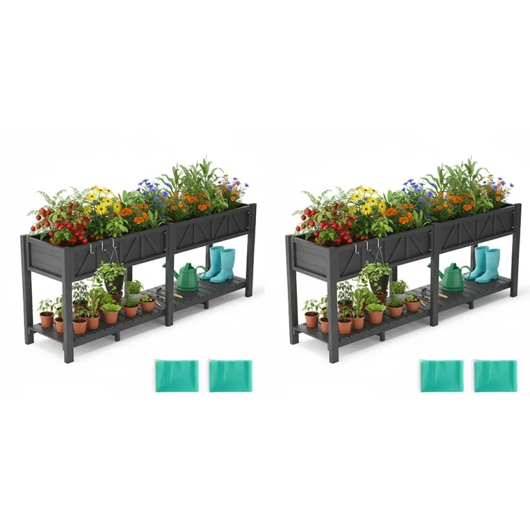 Hochbeet 120x44x70cm, Metall Hochbeet mit Rollen & Griff, 3 Haken & Vlieseinlage, Für Gemüse Blumen Kräuter, Garten Balkon Terrasse (2 Stück Schwarz) – Bild 9