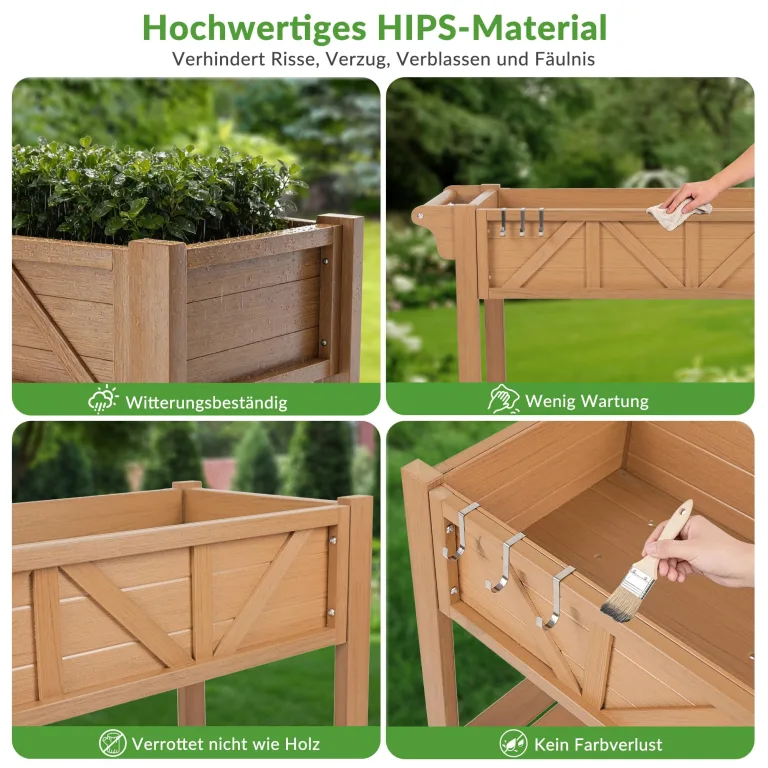 Hochbeet 120x44x70cm, Metall Hochbeet mit Rollen & Griff, 3 Haken & Vlieseinlage, Für Gemüse Blumen Kräuter, Garten Balkon Terrasse （2 Stück Teak Optik） – Bild 6