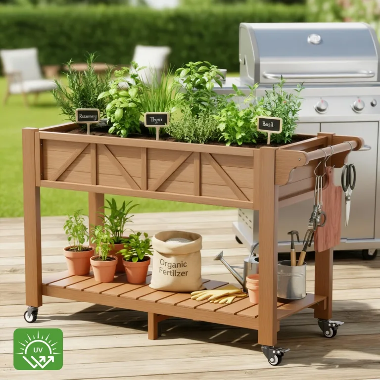 Hochbeet 120x44x70cm, Metall Hochbeet mit Rollen & Griff, 3 Haken & Vlieseinlage, Für Gemüse Blumen Kräuter, Garten Balkon Terrasse （2 Stück Teak Optik） – Bild 7