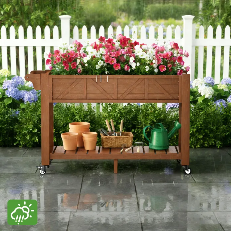 Hochbeet 120x44x70cm, Metall Hochbeet mit Rollen & Griff, 3 Haken & Vlieseinlage, Für Gemüse Blumen Kräuter, Garten Balkon Terrasse （2 Stück Teak Optik） – Bild 8