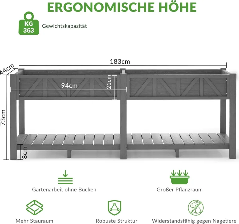 Hochbeet 183x44x73cm, Wetterfestes Pflanzkübel Außen mit Ablagefach, 6 Haken & 2 Vlieseinlagen, Für Gemüse Blumen Kräuter, Garten Balkon Terrasse (2 Stücke Grau) – Bild 3