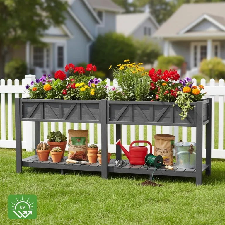 Hochbeet 183x44x73cm, Wetterfestes Pflanzkübel Außen mit Ablagefach, 6 Haken & 2 Vlieseinlagen, Für Gemüse Blumen Kräuter, Garten Balkon Terrasse (2 Stücke Grau) – Bild 8
