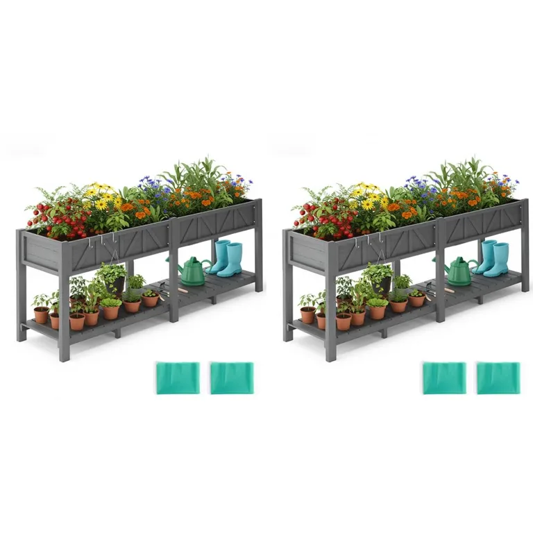 Hochbeet 183x44x73cm, Wetterfestes Pflanzkübel Außen mit Ablagefach, 6 Haken & 2 Vlieseinlagen, Für Gemüse Blumen Kräuter, Garten Balkon Terrasse (2 Stücke Grau) – Bild 1
