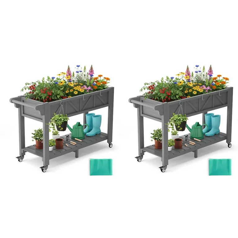 Hochbeet 120x44x70cm, Metall Hochbeet mit Rollen & Griff, 3 Haken & Vlieseinlage, Für Gemüse Blumen Kräuter, Garten Balkon Terrasse （2 Stück Grau） – Bild 1