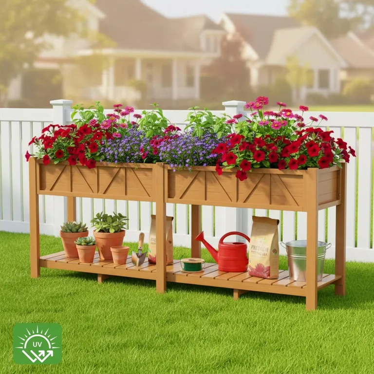 Hochbeet 183x44x73cm, Wetterfestes Pflanzkübel Außen mit Ablagefach, 6 Haken & 2 Vlieseinlagen, Für Gemüse Blumen Kräuter, Garten Balkon Terrasse (2 Stücke Teak Optik) – Bild 2