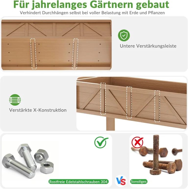 Hochbeet 183x44x73cm, Wetterfestes Pflanzkübel Außen mit Ablagefach, 6 Haken & 2 Vlieseinlagen, Für Gemüse Blumen Kräuter, Garten Balkon Terrasse (2 Stücke Teak Optik) – Bild 4