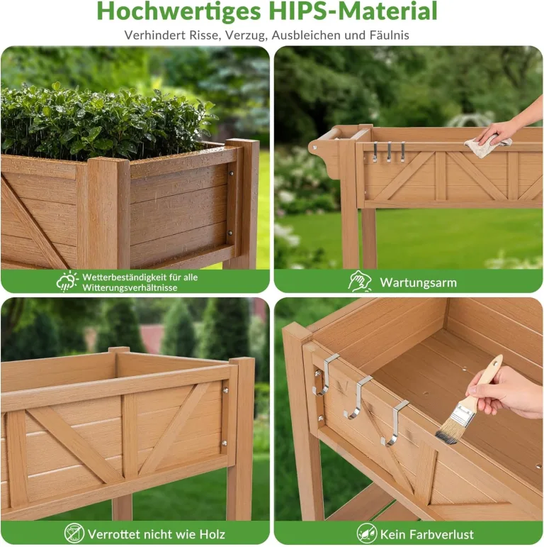 Hochbeet 183x44x73cm, Wetterfestes Pflanzkübel Außen mit Ablagefach, 6 Haken & 2 Vlieseinlagen, Für Gemüse Blumen Kräuter, Garten Balkon Terrasse (2 Stücke Teak Optik) – Bild 6