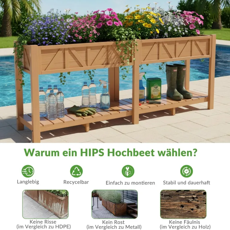 Hochbeet 183x44x73cm, Wetterfestes Pflanzkübel Außen mit Ablagefach, 6 Haken & 2 Vlieseinlagen, Für Gemüse Blumen Kräuter, Garten Balkon Terrasse (2 Stücke Teak Optik) – Bild 7