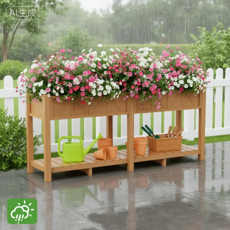 Hochbeet 183x44x73cm, Wetterfestes Pflanzkübel Außen mit Ablagefach, 6 Haken & 2 Vlieseinlagen, Für Gemüse Blumen Kräuter, Garten Balkon Terrasse (2 Stücke Teak Optik) – Bild 8