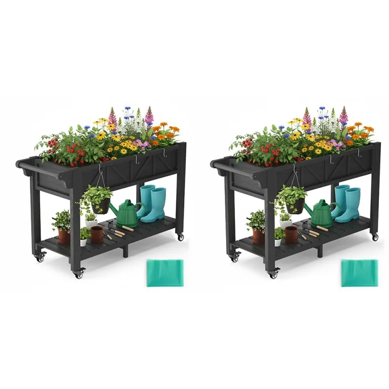 Hochbeet 183x44x73cm, Wetterfestes Pflanzkübel Außen mit Ablagefach, 6 Haken & 2 Vlieseinlagen, Für Gemüse Blumen Kräuter, Garten Balkon Terrasse (2 Stücke Teak Optik) – Bild 9