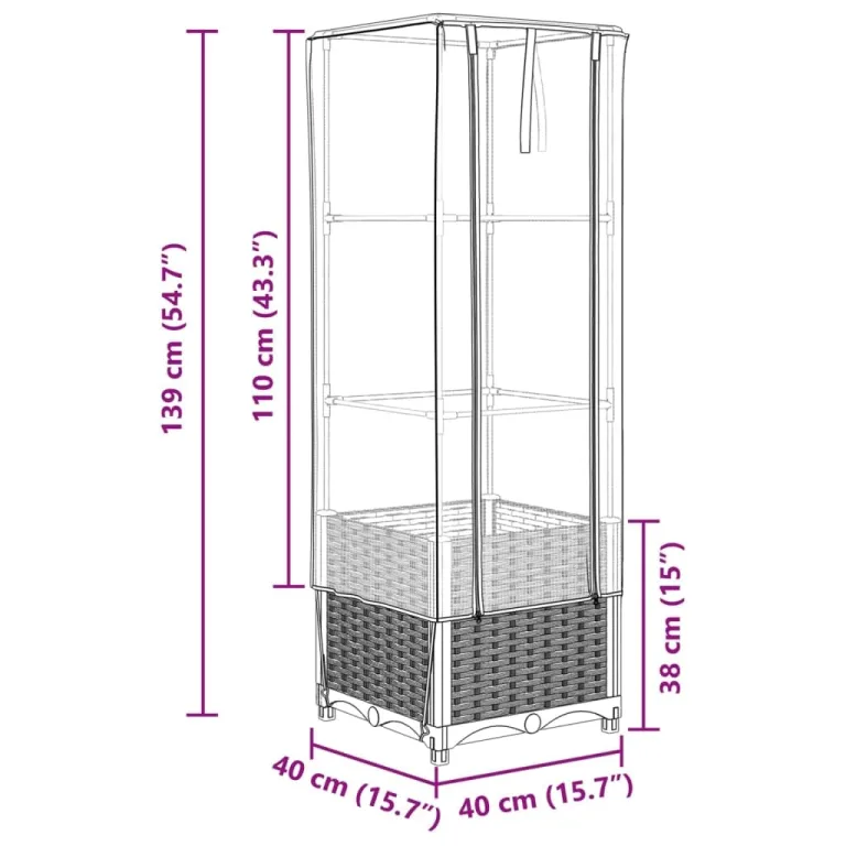 Hochbeet mit Gewächshaus Aufsatz 40x40x139 cm Rattan Optik, Frühbeet für Tomaten Gemüse Kräuter, Stabiles PP Beet mit Eisenrahmen, Ideal für Garten Balkon Terrasse, Wetterschutz Abdeckung – Bild 9