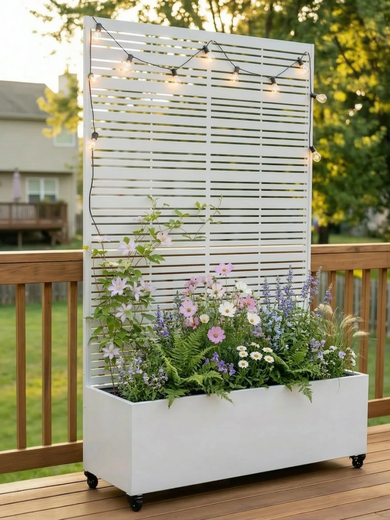 Hochbeet mit Sichtschutz, Metall Pflanzkasten mit Rankgitter und Rollen, freistehender Pflanzkübel 33cm tief, wetterfest für Blumen und Kletterpflanzen - Ideal für Garten, Balkon und Terrasse (Weiß) - Bild 1