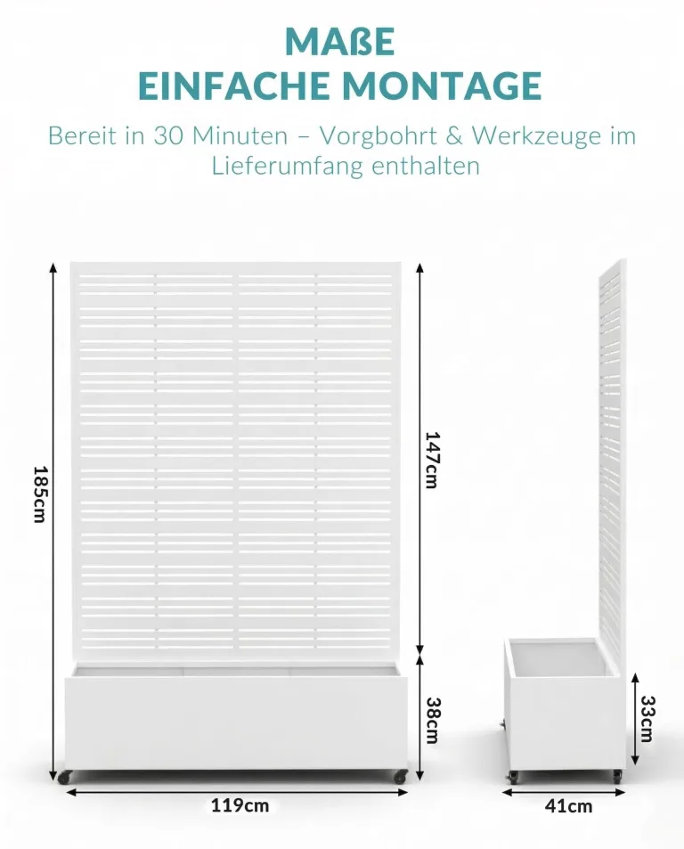 Hochbeet mit Sichtschutz, Metall Pflanzkasten mit Rankgitter und Rollen, freistehender Pflanzkübel 33cm tief, wetterfest für Blumen und Kletterpflanzen - Ideal für Garten, Balkon und Terrasse (Weiß) – Bild 2