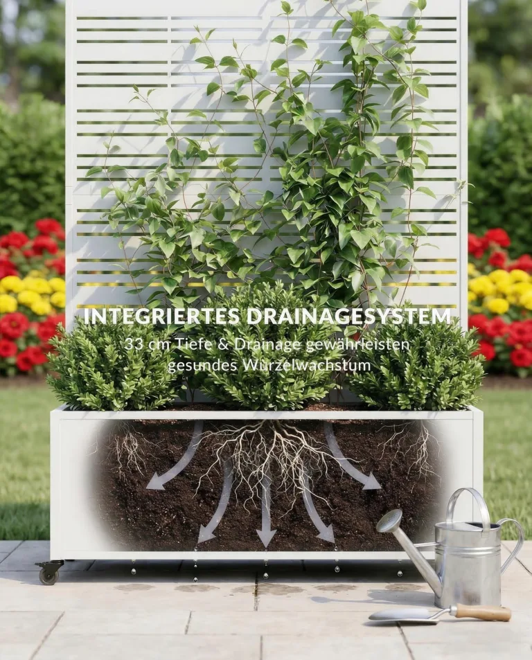 Hochbeet mit Sichtschutz, Metall Pflanzkasten mit Rankgitter und Rollen, freistehender Pflanzkübel 33cm tief, wetterfest für Blumen und Kletterpflanzen - Ideal für Garten, Balkon und Terrasse (Weiß) – Bild 5