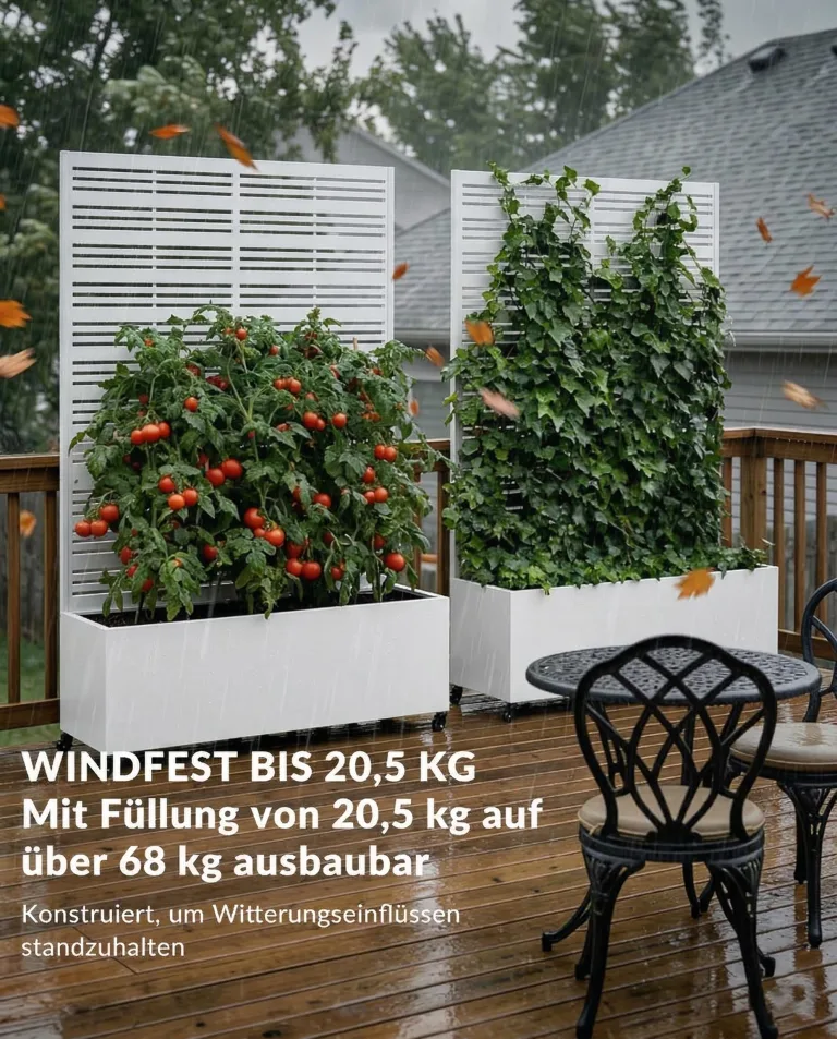 Hochbeet mit Sichtschutz, Metall Pflanzkasten mit Rankgitter und Rollen, freistehender Pflanzkübel 33cm tief, wetterfest für Blumen und Kletterpflanzen - Ideal für Garten, Balkon und Terrasse (Weiß) – Bild 6