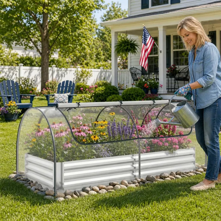 HOMASIS 3 in 1 Gewächshaus mit Hochbeet, Foliengewächshaus mit PVC-Abdeckung, Frühbeet aus Metall, Tomatenhaus Treibhaus mit 2 Fenstern, Blumenkasten für Garten Balkon (Silber, 202 x 101 x 81 cm) – Bild 2
