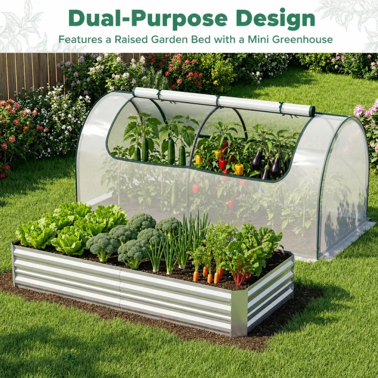 HOMASIS 3 in 1 Gewächshaus mit Hochbeet, Foliengewächshaus mit PVC-Abdeckung, Frühbeet aus Metall, Tomatenhaus Treibhaus mit 2 Fenstern, Blumenkasten für Garten Balkon (Silber, 202 x 101 x 81 cm) – Bild 4