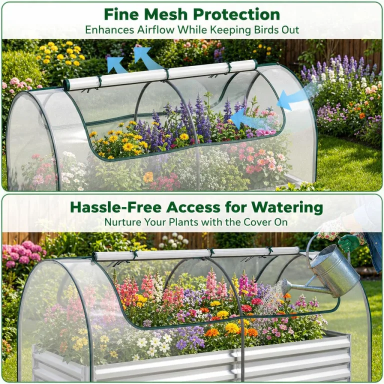 HOMASIS 3 in 1 Gewächshaus mit Hochbeet, Foliengewächshaus mit PVC-Abdeckung, Frühbeet aus Metall, Tomatenhaus Treibhaus mit 2 Fenstern, Blumenkasten für Garten Balkon (Silber, 202 x 101 x 81 cm) – Bild 5