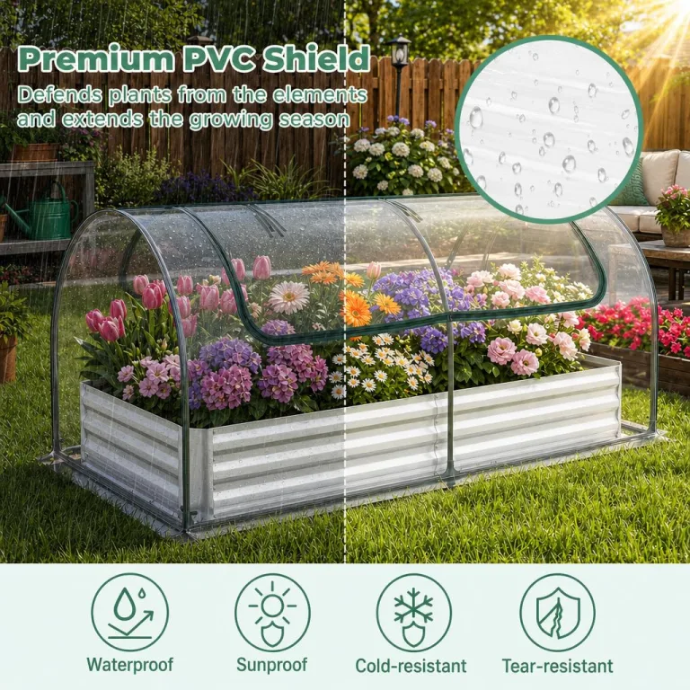 HOMASIS 3 in 1 Gewächshaus mit Hochbeet, Foliengewächshaus mit PVC-Abdeckung, Frühbeet aus Metall, Tomatenhaus Treibhaus mit 2 Fenstern, Blumenkasten für Garten Balkon (Silber, 202 x 101 x 81 cm) – Bild 6