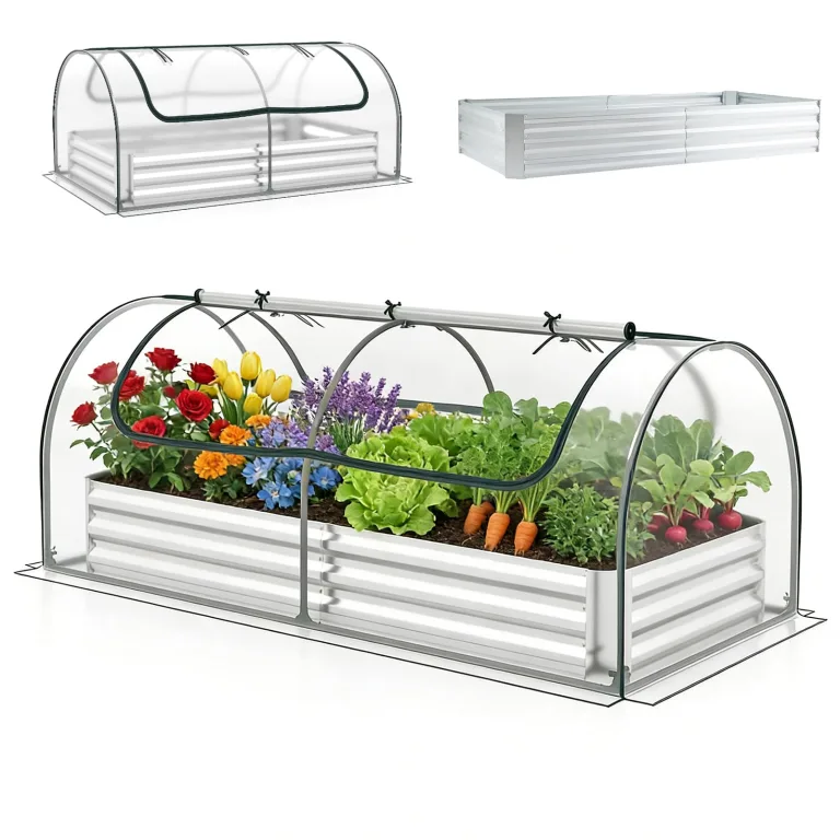 HOMASIS 3 in 1 Gewächshaus mit Hochbeet, Foliengewächshaus mit PVC-Abdeckung, Frühbeet aus Metall, Tomatenhaus Treibhaus mit 2 Fenstern, Blumenkasten für Garten Balkon (Silber, 202 x 101 x 81 cm) – Bild 1