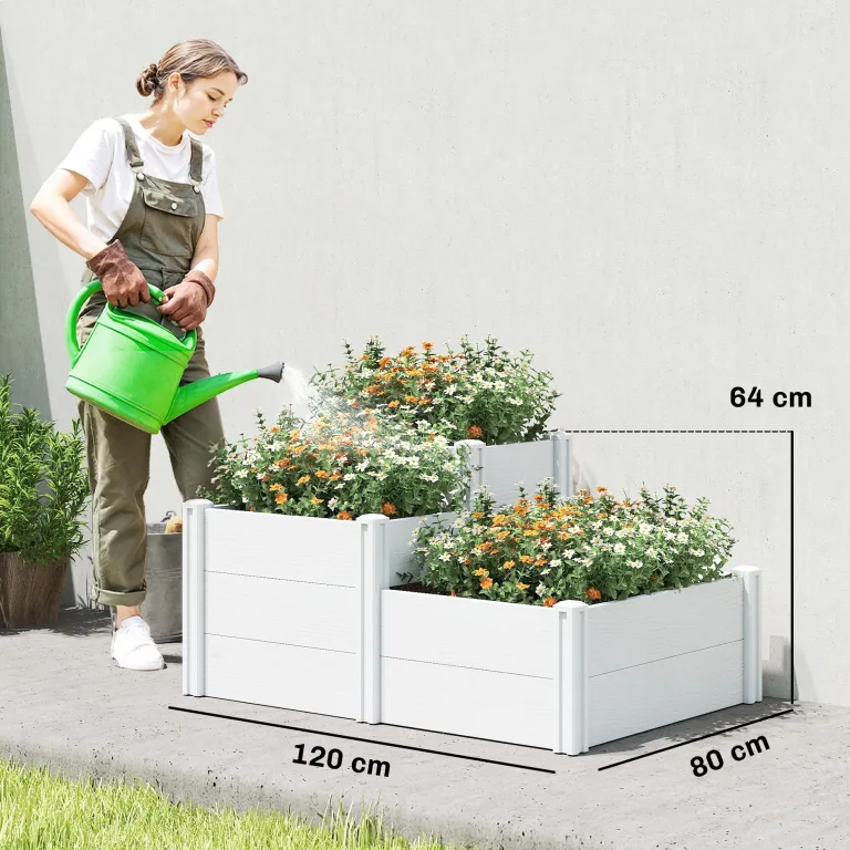 Outsunny Hochbeet 3-stufig Stapelbar Gartenbeet mit Offenem Boden, modulares Kräuterbeet DIY Montage Kunststoff Pflanzkasten Pflanzkübel für Garten Balkon 120 x 80 x 64 cm Weiß – Bild 7