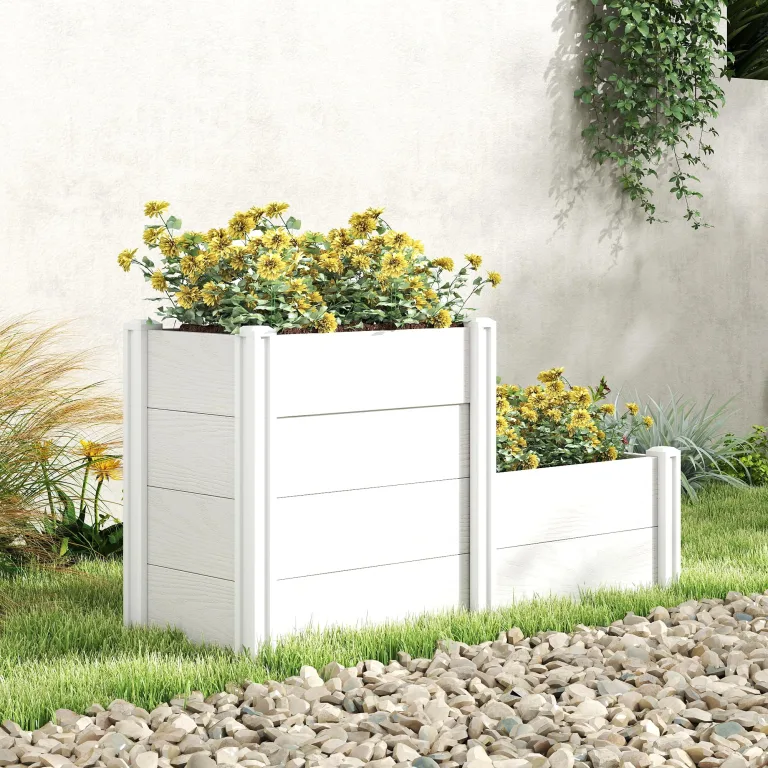 Outsunny Hochbeet 3-stufig Stapelbar Gartenbeet mit Offenem Boden, modulares Kräuterbeet DIY Montage Kunststoff Pflanzkasten Pflanzkübel für Garten Balkon 120 x 80 x 64 cm Weiß – Bild 9