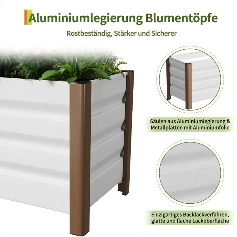 Hochbeet aus Aluminium 60x40x45 cm – Wetterfester Pflanzkasten mit Drainagelöchern, Tiefe Ausführung, Abgerundete Ecken & Anti-Schnitt-Kanten – Robust & Rostfrei für Terrasse, Balkon, Garten, Weiß – Bild 5