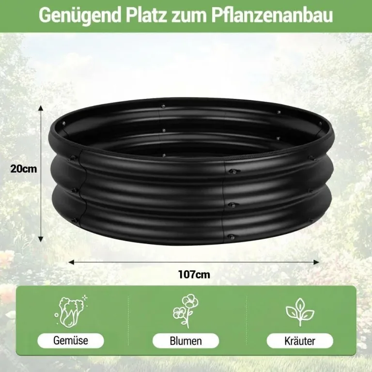 Rundes Hochbeet aus verzinktem Metall – rostfrei, abgerundete Kanten, offener Boden, stabile und leicht montierbare Pflanzwanne für Gemüse, Blumen & Kräuter – für Terrasse, Balkon & Rasen, 107x20cm – Bild 4