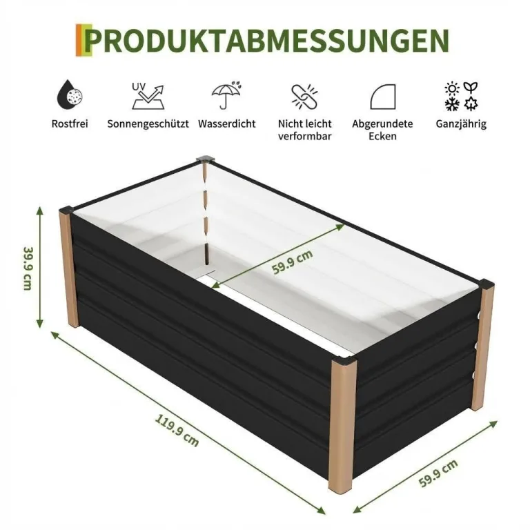 Hochbeet Aluminium mit Offenem Boden, Großer Rostfreier Pflanzkasten mit Abgerundeten Ecken, Tiefes Beet für Gemüse, Blumen und Kräuter, Grau, 120x60x40cm – Bild 2