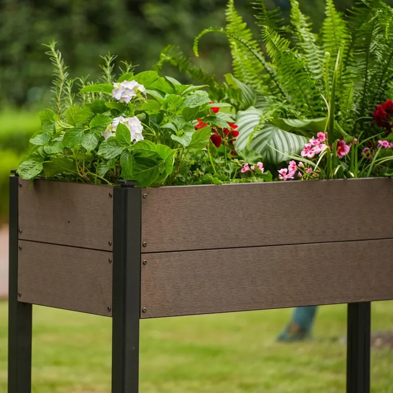 HDPE Hochbeet mit Beinen & Ablage, Holzoptik Pflanzkasten wetterfest, erhöhter Pflanzkübel mit Aluminiumrahmen, für Gemüse, Kräuter & Blumen, Balkon Terrasse Garten, 109x49x85cm – Bild 3