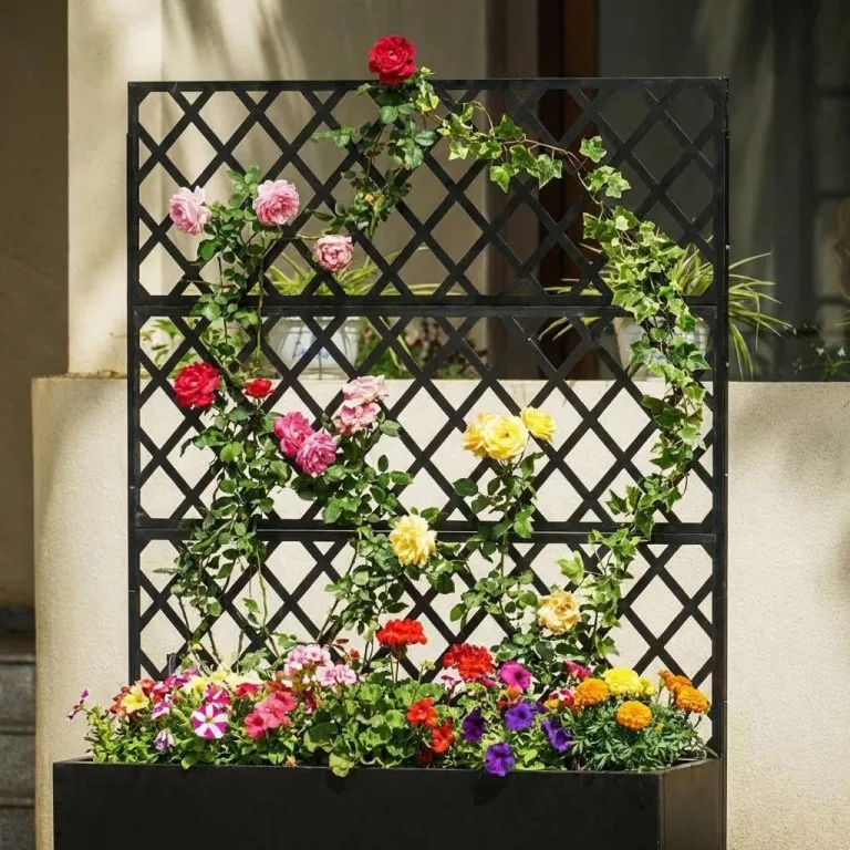 Verzinktes Stahl Hochbeet mit Rankgitter, Pflanzkasten mit Feststellbaren Rollen, Drainagelöchern & Sichtschutz – Garten Hochbeet für Gemüse, Kletterpflanzen, Terrasse, Balkon, 89x180cm, Schwarz – Bild 2