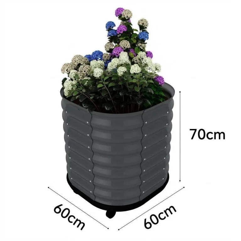 Verzinktes Hochbeet mit Rollen und Selbstbewässerungssystem, mobiler Pflanzkasten aus Metall mit Wasserreservoir für Balkon, Terrasse & Garten, ideal für Gemüse, Kräuter und Blumen, 60x60x70cm, Grau – Bild 5